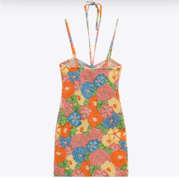 ZARA Ruched Floral Multicolor Halter Dress - Picture 2 of 4